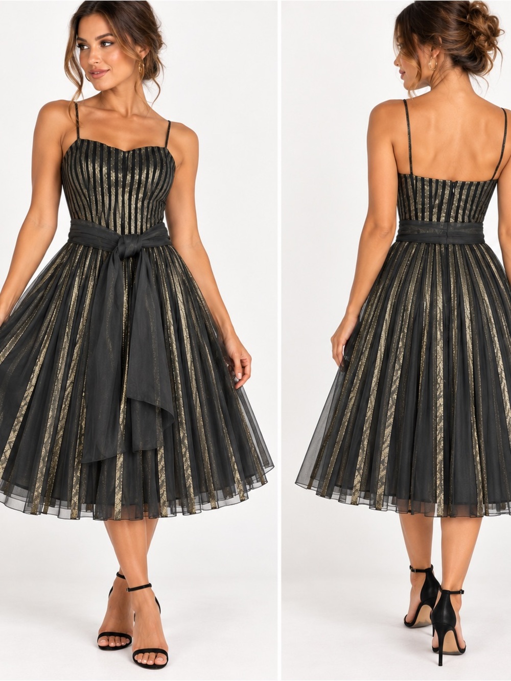 JS Collections Black Gold Metallic Stripe Corset Style Bodice Midi Dress Sz 4